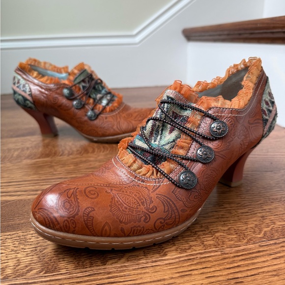 SOCOFY Tooled Victorian Steampunk Heels Coquette‎ Ruffles Maximalist Retro 41 - Picture 1 of 13